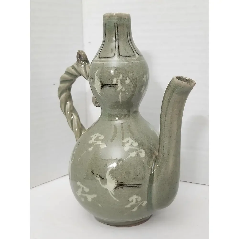 Vintage Korean Goryeo Style Celadon Ewer Crane Double Gourd Teapot Pitcher
